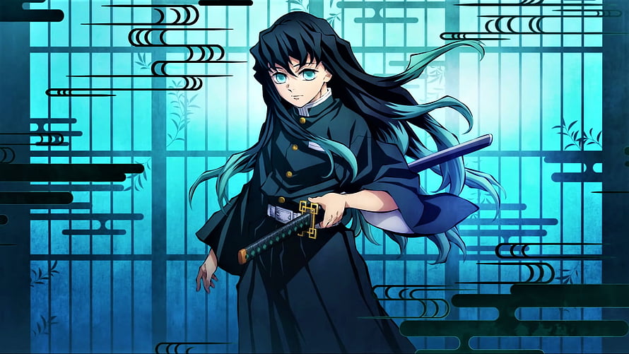 Muichiro Tokito from Demon Slayer in Black Uniform with Katana Against Blue Lattice Background HD wallpaper