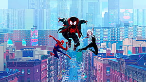 Spider-Man: Into the Spider-Verse Animated Trio Swinging Over New York City Skyline HD wallpaper