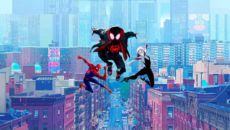 Spider-Man: Into the Spider-Verse Animated Trio Swinging Over New York City Skyline HD wallpaper