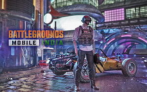 Battlegrounds Mobile India character with dune buggy in futuristic neon city HD wallpaper