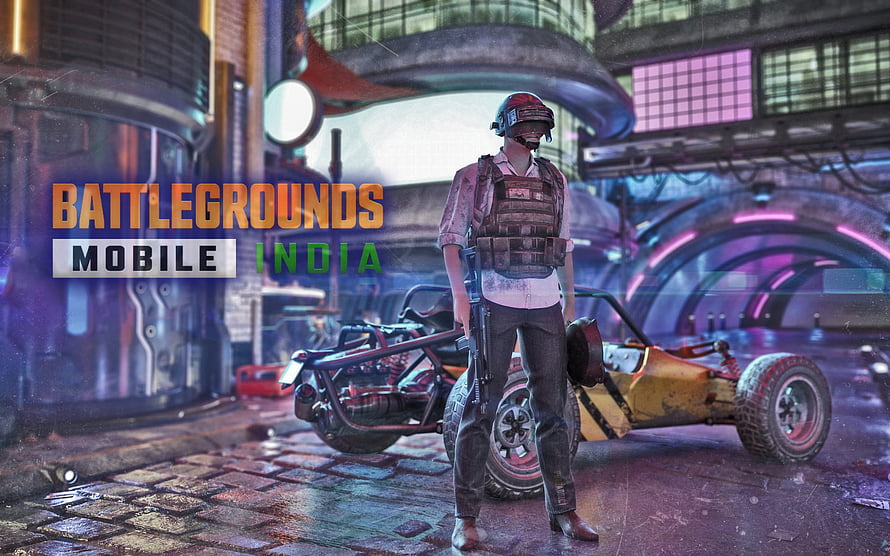 Battlegrounds Mobile India character with dune buggy in futuristic neon city HD wallpaper