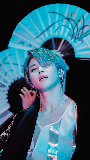 Jimin BTS Stage Performance with Blue Hair and Traditional Fan Backdrop HD phone wallpaper