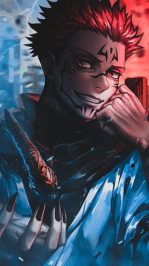 Sukuna Ryomen from Jujutsu Kaisen anime character portrait with red hair and cursed markings HD phone wallpaper