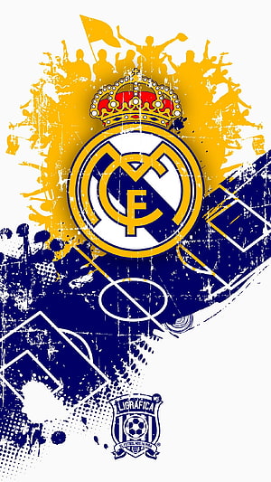 Real Madrid Club de Fútbol Crest with Grunge Texture and Football Field Design HD phone wallpaper