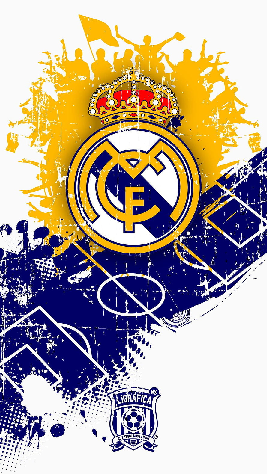 Real Madrid Club de Fútbol Crest with Grunge Texture and Football Field Design HD phone wallpaper