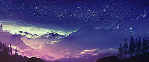 Starry Night Mountain Landscape with Purple Aurora and Pine Trees HD wallpaper