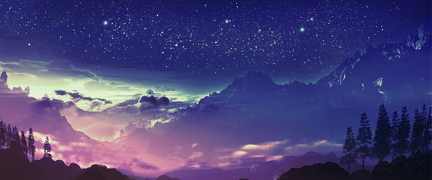 Starry Night Mountain Landscape with Purple Aurora and Pine Trees HD wallpaper