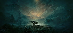 Dark Fantasy Knight Kneeling in Misty Ruins with Sword Under Stormy Sky HD wallpaper