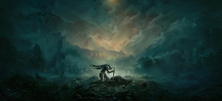 Dark Fantasy Knight Kneeling in Misty Ruins with Sword Under Stormy Sky HD wallpaper