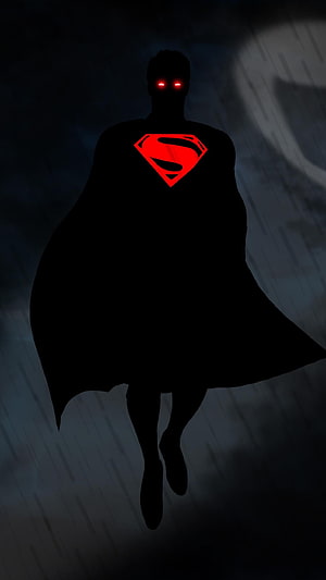 Dark Superman Silhouette with Glowing Red Eyes and Emblem in Stormy Sky, Superman Dark , Black Superman HD phone wallpaper