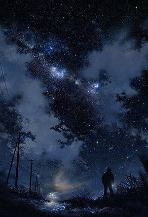 Silhouette of a lone figure gazing up at the Milky Way galaxy under a starry night sky with power lines HD phone wallpaper