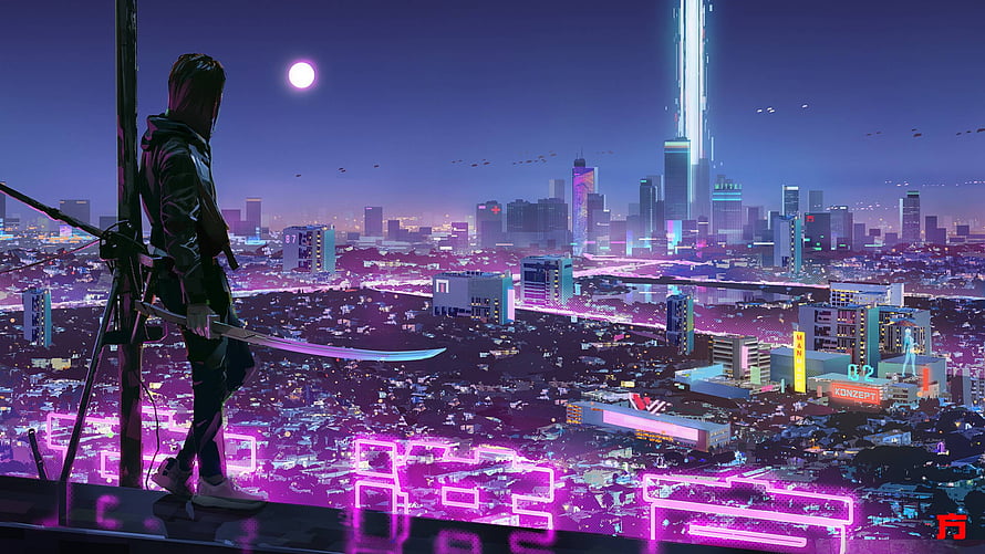 Cyberpunk Samurai Warrior Overlooking Neon Cityscape at Night HD wallpaper