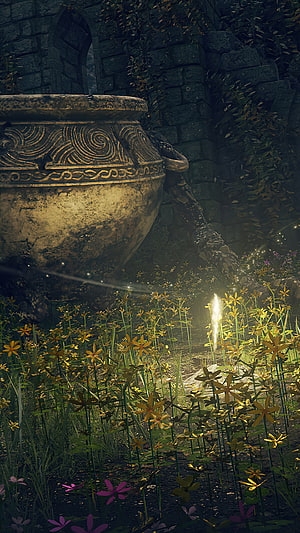 Elden Ring Ancient Stone Amphora in Overgrown Ruins with Golden Wildflowers and Mystical Light HD phone wallpaper