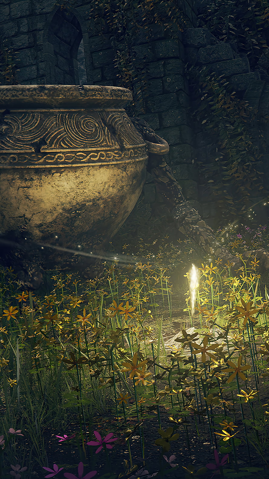 Elden Ring Ancient Stone Amphora in Overgrown Ruins with Golden Wildflowers and Mystical Light HD phone wallpaper