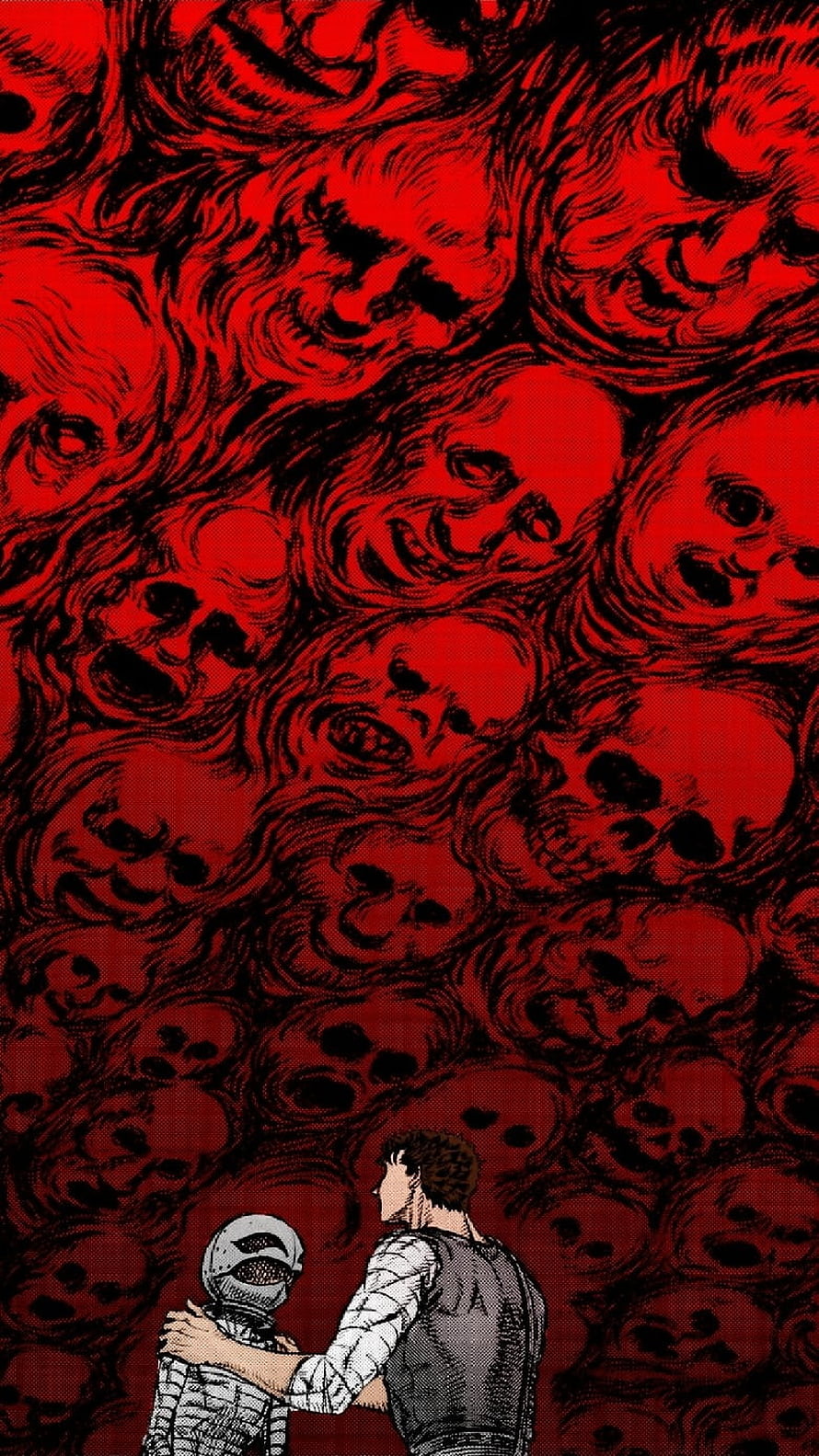 Berserk Eclipse Scene with Guts and Casca Amidst Swirling Red Demonic Faces HD phone wallpaper