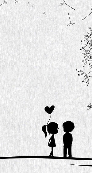 Cute Silhouette of Boy and Girl with Heart Balloon and Dandelions HD phone wallpaper