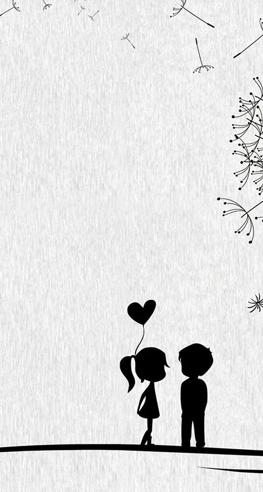 Cute Silhouette of Boy and Girl with Heart Balloon and Dandelions HD phone wallpaper