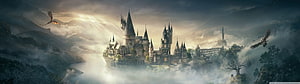 Magical Hogwarts Castle in Misty Mountains with Dragon and Owl Flying HD wallpaper