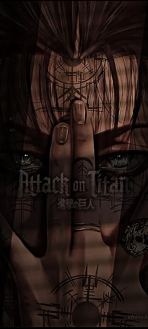 Eren Yeager from Attack on Titan with hand over face and tattooed skin in dark anime style HD phone wallpaper