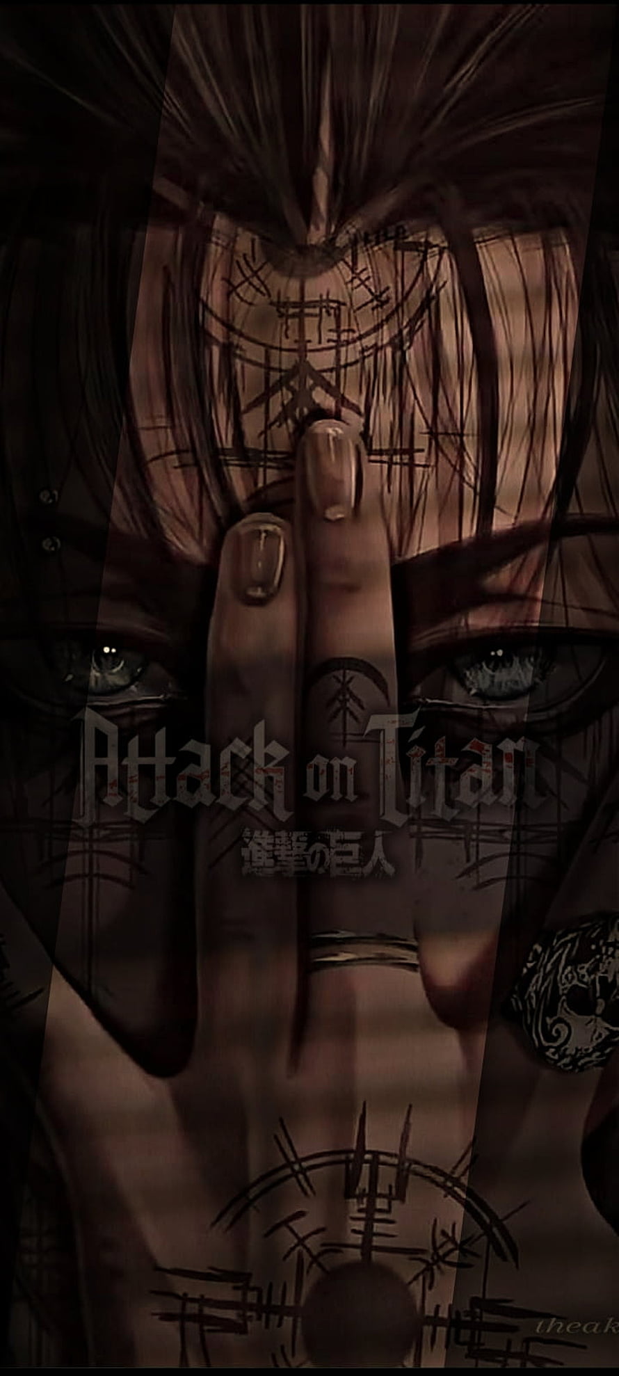Eren Yeager from Attack on Titan with hand over face and tattooed skin in dark anime style HD phone wallpaper