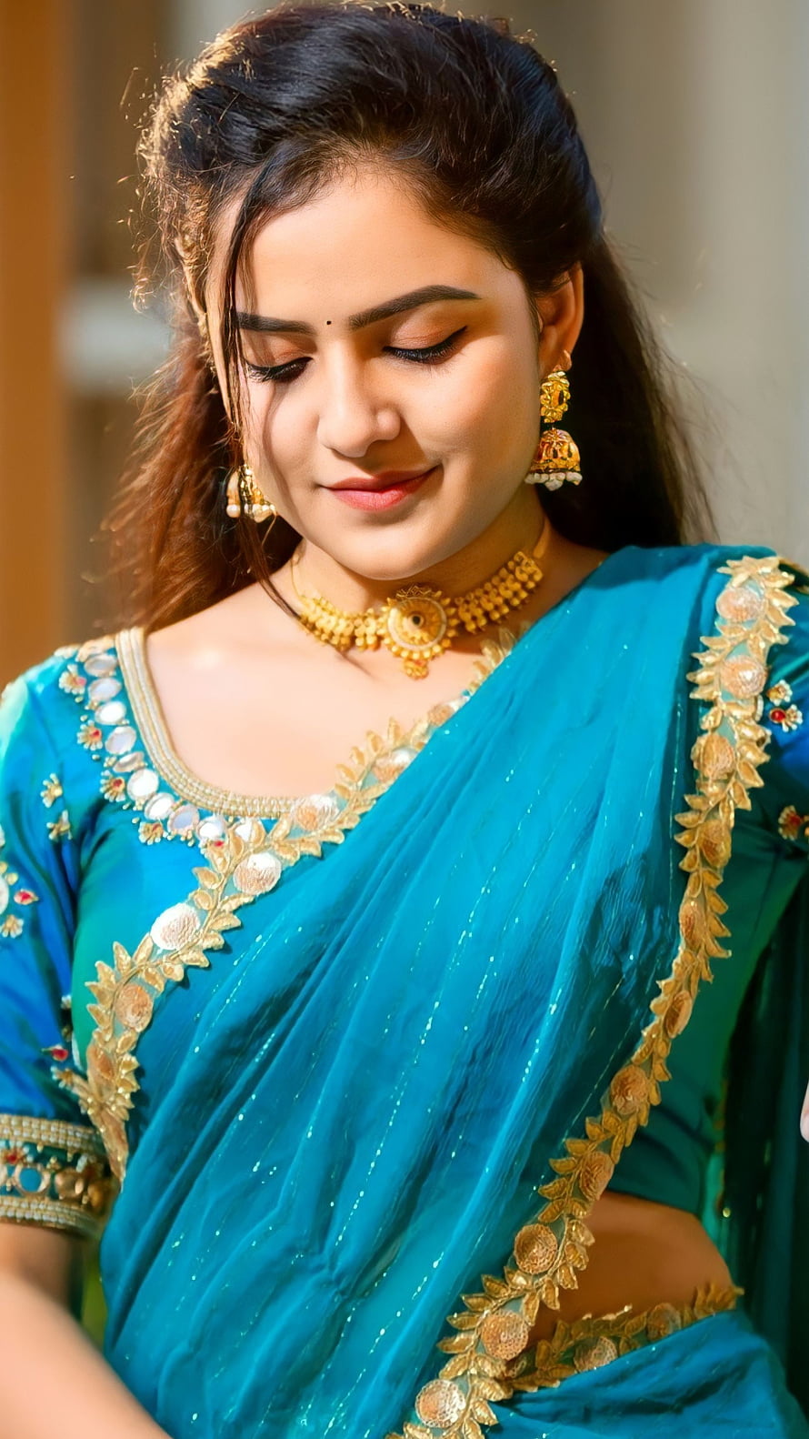 Elegant Woman in Teal Saree with Gold Embroidery and Traditional Jewelry, Vaishnavi chaithanya, telugu actress, saree lover HD phone wallpaper