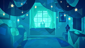 Magical Blue Bedroom Interior With Hanging Stars And Night Sky Ceiling HD wallpaper