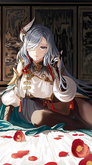 Shenhe from Genshin Impact in Traditional Chinese Attire with Silver Hair and Red Flowers HD phone wallpaper