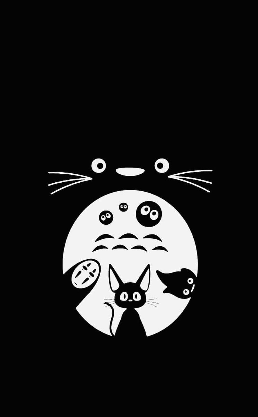 Minimalist Black and White Totoro and Cat Artwork from Studio Ghibli HD phone wallpaper
