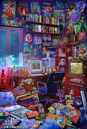 Vibrant Retro Gaming Room with Nostalgic 90s Pop Culture Memorabilia and Classic Consoles HD phone wallpaper