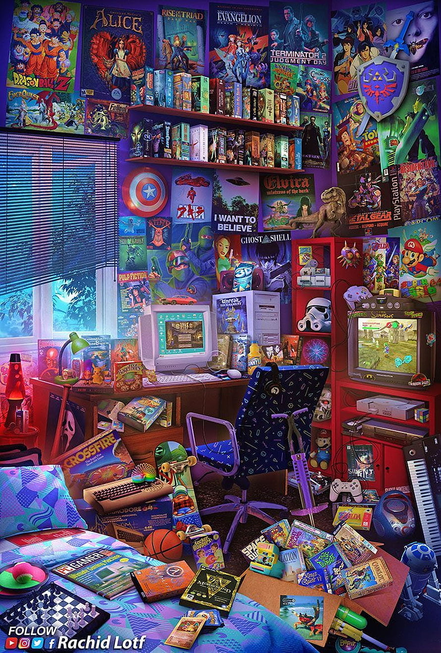 Vibrant Retro Gaming Room with Nostalgic 90s Pop Culture Memorabilia and Classic Consoles HD phone wallpaper