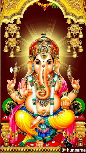 Lord Ganesha Sitting on Throne with Golden Bells and Modak HD phone wallpaper