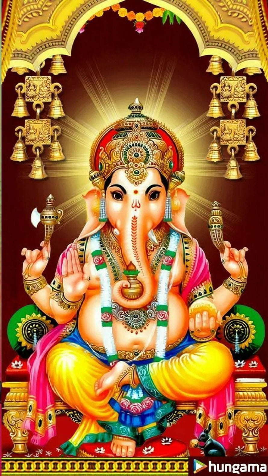 Lord Ganesha Sitting on Throne with Golden Bells and Modak HD phone wallpaper