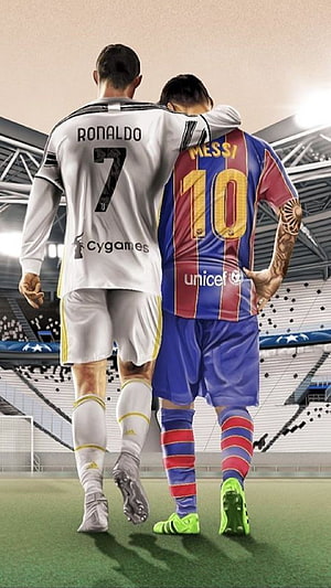 Cristiano Ronaldo and Lionel Messi Walking Together on Soccer Field HD phone wallpaper