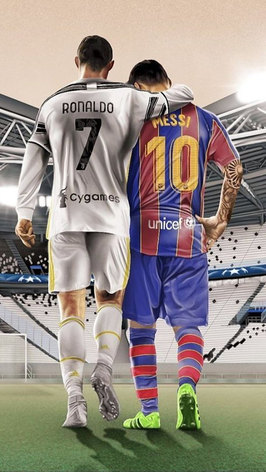 Cristiano Ronaldo and Lionel Messi Walking Together on Soccer Field HD phone wallpaper