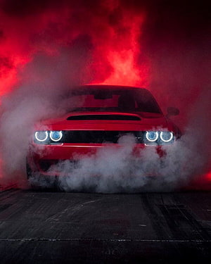 Red Dodge Challenger SRT Hellcat Front View in Dramatic Red Smoke and Fog HD phone wallpaper