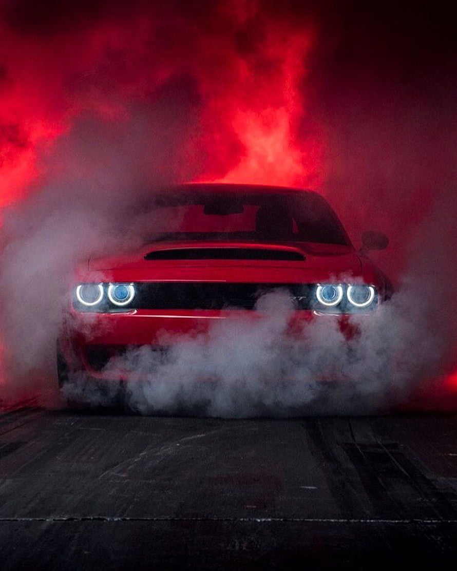 Red Dodge Challenger SRT Hellcat Front View in Dramatic Red Smoke and Fog HD phone wallpaper