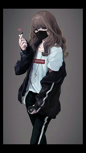 Anime Girl in Streetwear with Supreme Shirt and Black Face Mask HD phone wallpaper
