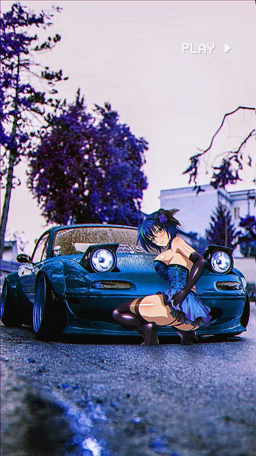 Blue-haired anime girl in a blue dress posing with a modified Mazda RX-7 in a retro VHS style HD phone wallpaper