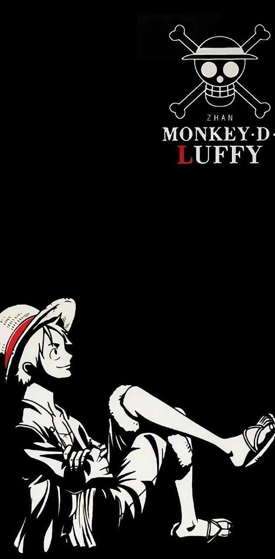 Monkey D Luffy Sitting Silhouette with Straw Hat and Jolly Roger on Black Background HD phone wallpaper