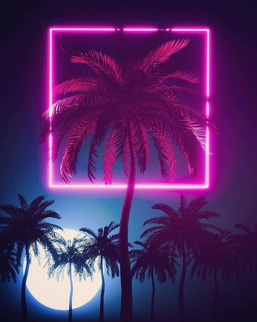 Neon Palm Tree Framed in Pink Light Against a Full Moon and Synthwave Night Sky HD phone wallpaper