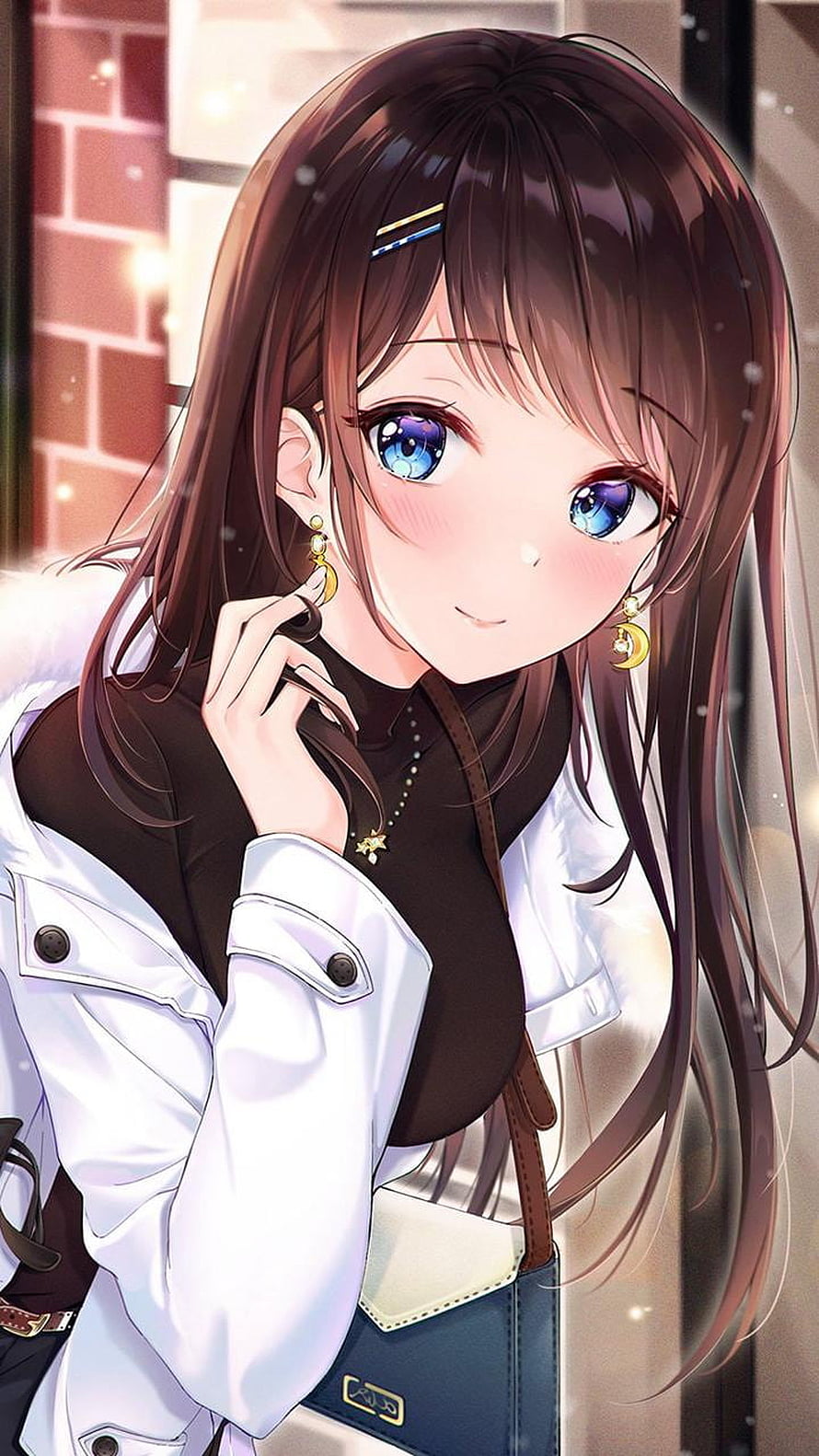 Anime Girl With Brown Hair And Blue Eyes Wearing A White Jacket And Black Top HD phone wallpaper