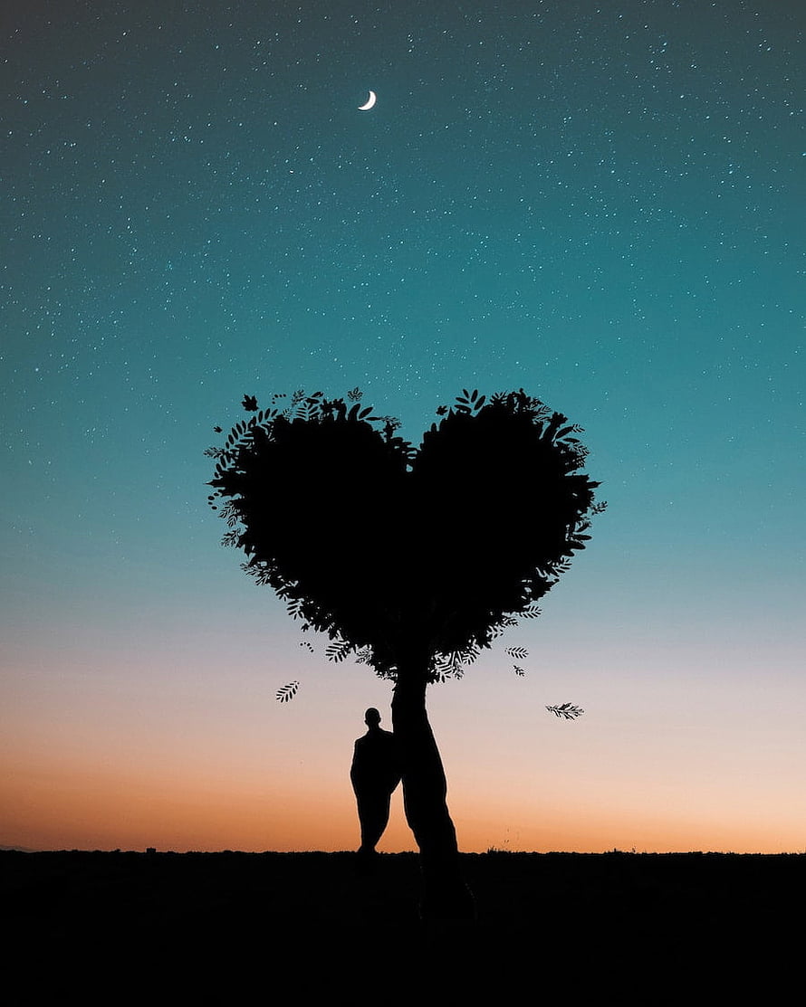 Silhouette of a person standing beneath a heart-shaped tree under a starry night sky with a crescent moon HD phone wallpaper