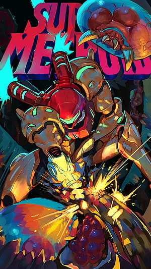 Samus Aran in Power Suit Battling Metroid in Vibrant Comic Art Style HD phone wallpaper