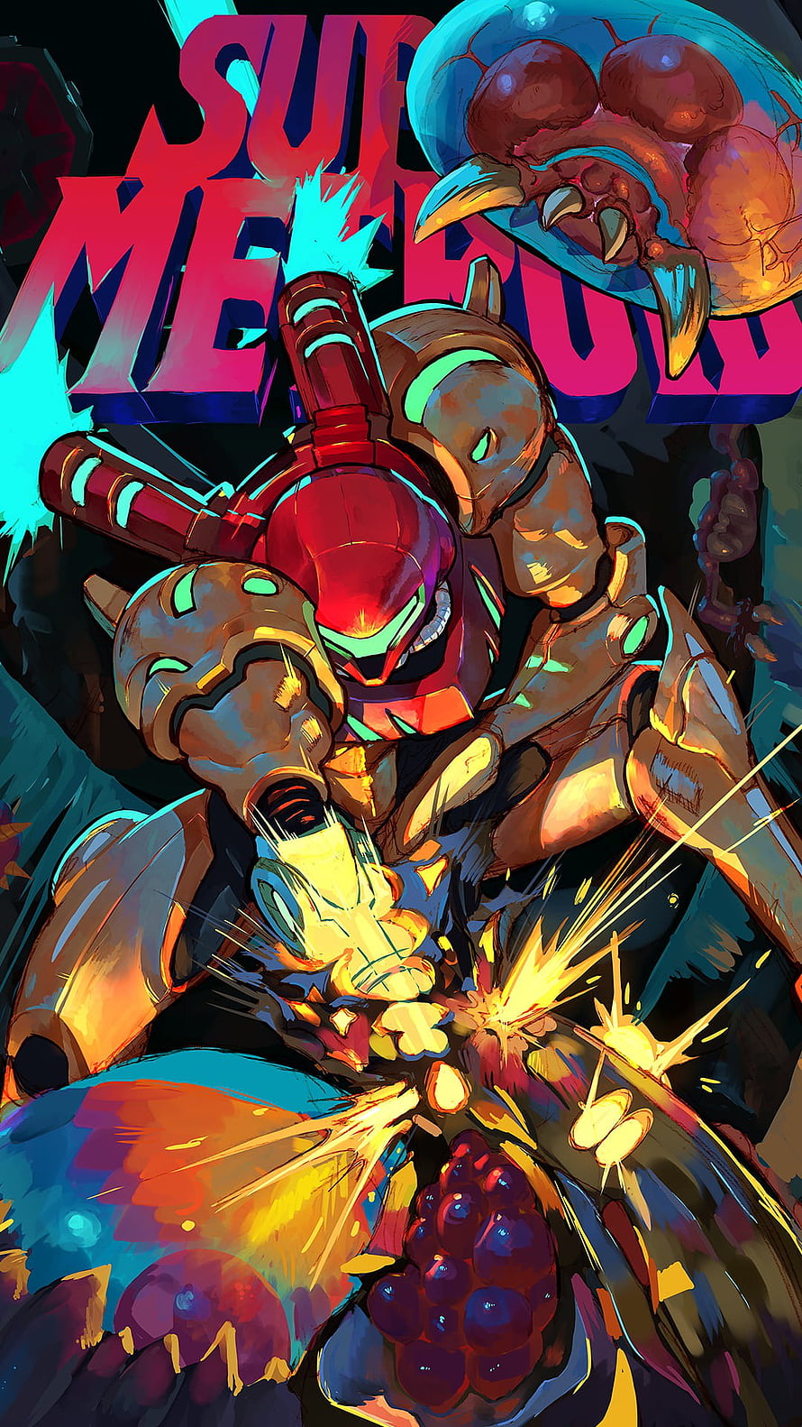 Samus Aran in Power Suit Battling Metroid in Vibrant Comic Art Style HD phone wallpaper