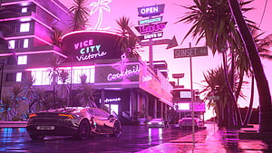 Vice City Victoria Neon Night Scene with Luxury Sports Car and Palm Trees HD wallpaper