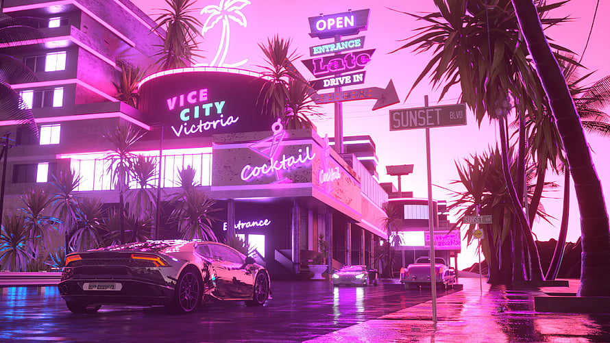 Vice City Victoria Neon Night Scene with Luxury Sports Car and Palm Trees HD wallpaper