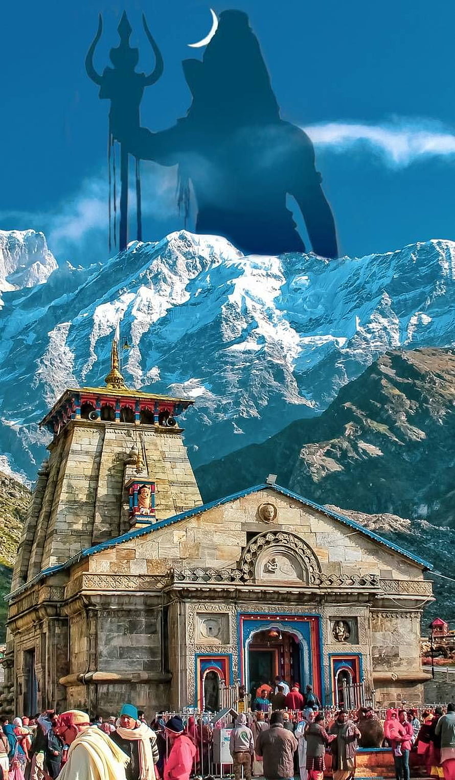 Kedarnath Temple with Giant Shiva Silhouette Against Snowy Himalayan Peaks HD phone wallpaper