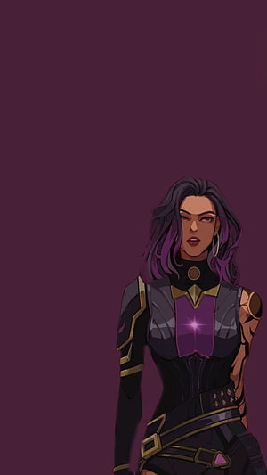 Reyna from Valorant in a dark tactical outfit with purple hair and glowing chest emblem HD phone wallpaper