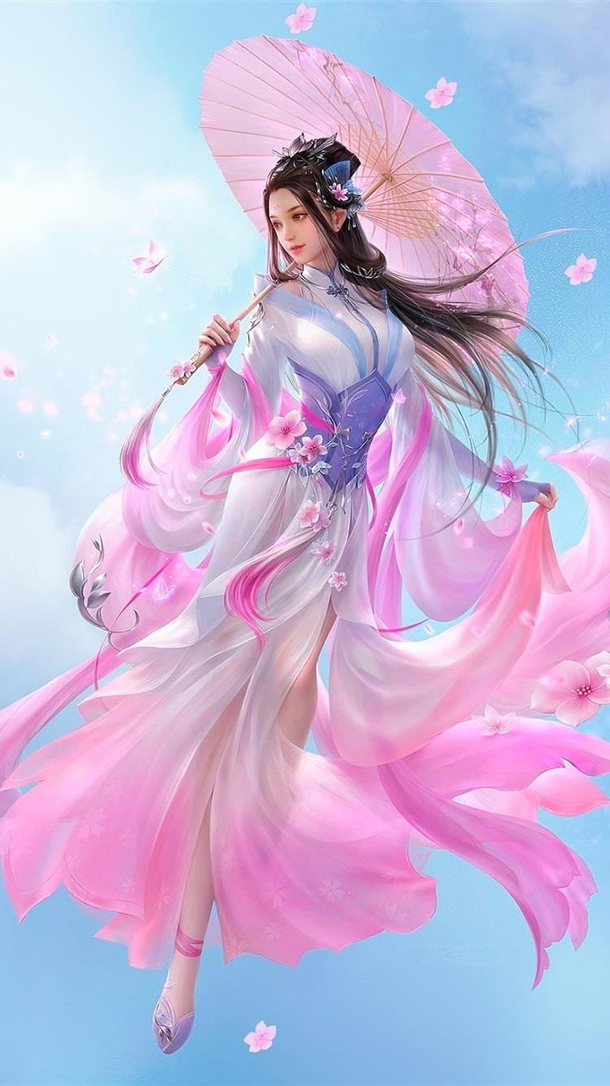 Elegant Fantasy Woman in Pink Hanbo Dress Holding Parasol Amidst Falling Cherry Blossoms, Beautiful Chinese Anime Girl, Chinese Lady HD phone wallpaper