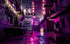Neon-lit cyberpunk alley at night with a parked car and a cat under purple synthwave glow HD wallpaper